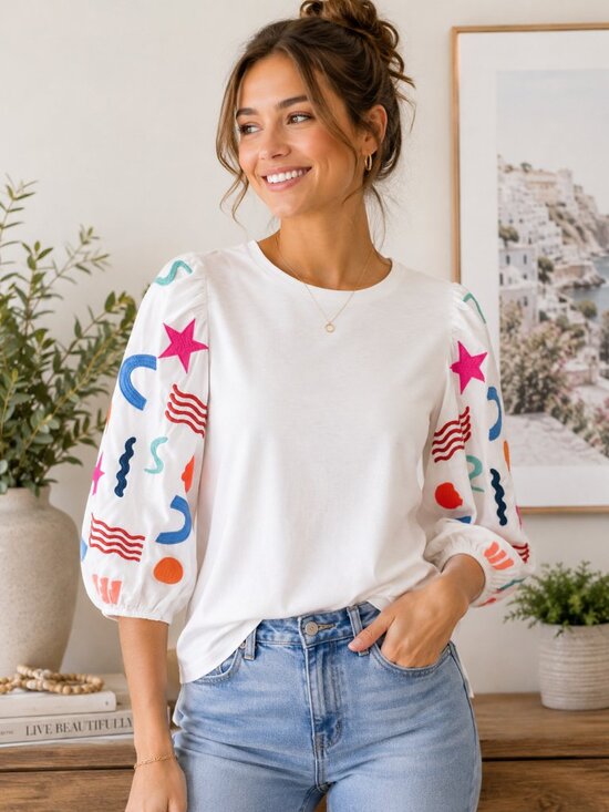 THML Tops - THML Embroidered Puff Sleeve Top Large White Colorful Statement Sleeve Knit 1314